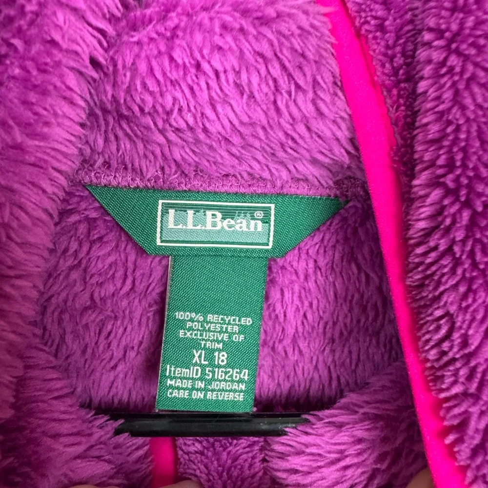 L.L.Bean youth fleece 1/2 zip hooded jacket in purple and pink XL 18